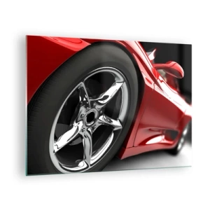 Üveg kép - Króm felnivel ellátott piros sportkocsi részlete - 70x50cm - Gyorsaságnak született - Modern fali dekoráció nappalihoz és hálószobához ARTTOR