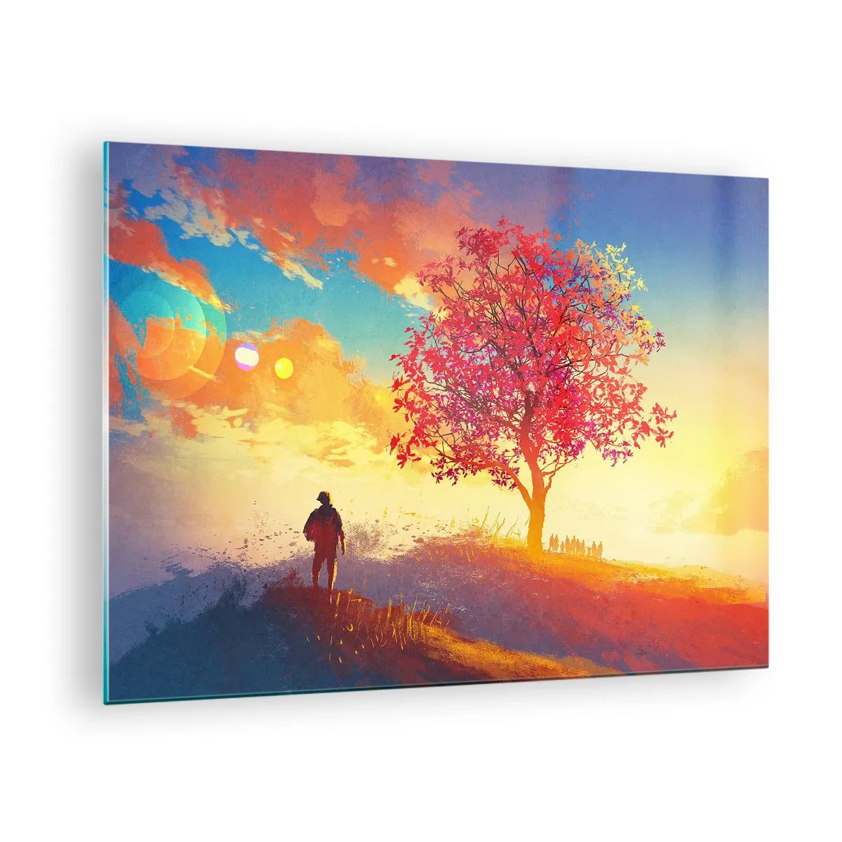 Üveg kép - Egy alak színes ég és meleg színű fa hátterében - 70x50cm - Zarándok a célállomáson - Modern fali dekoráció nappalihoz és hálószobához ARTTOR