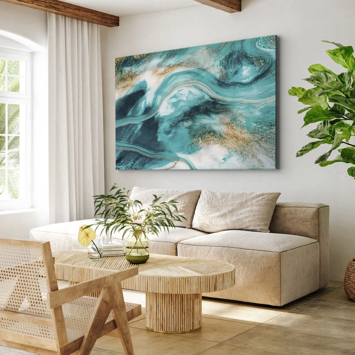 Vászonkép - Türkiz absztrakció fehér és arany díszítéssel - 70x50cm - Az arany folyó - Modern fali dekoráció nappalihoz és hálószobához ARTTOR