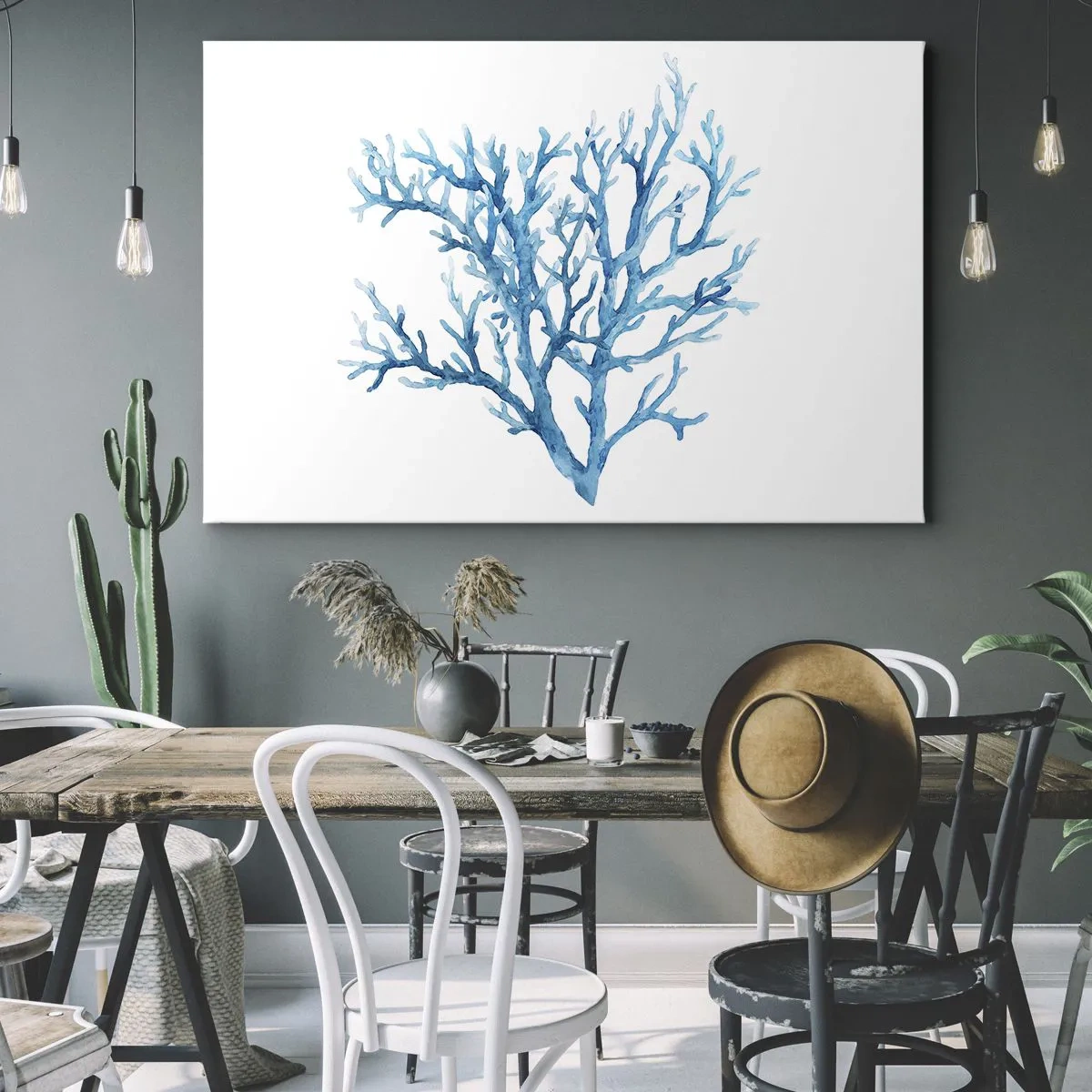 Vászonkép - Kék korall fehér alapon, minimalista hangulattal - 70x50cm - Tengeri filigrán - Modern fali dekoráció nappalihoz és hálószobához ARTTOR