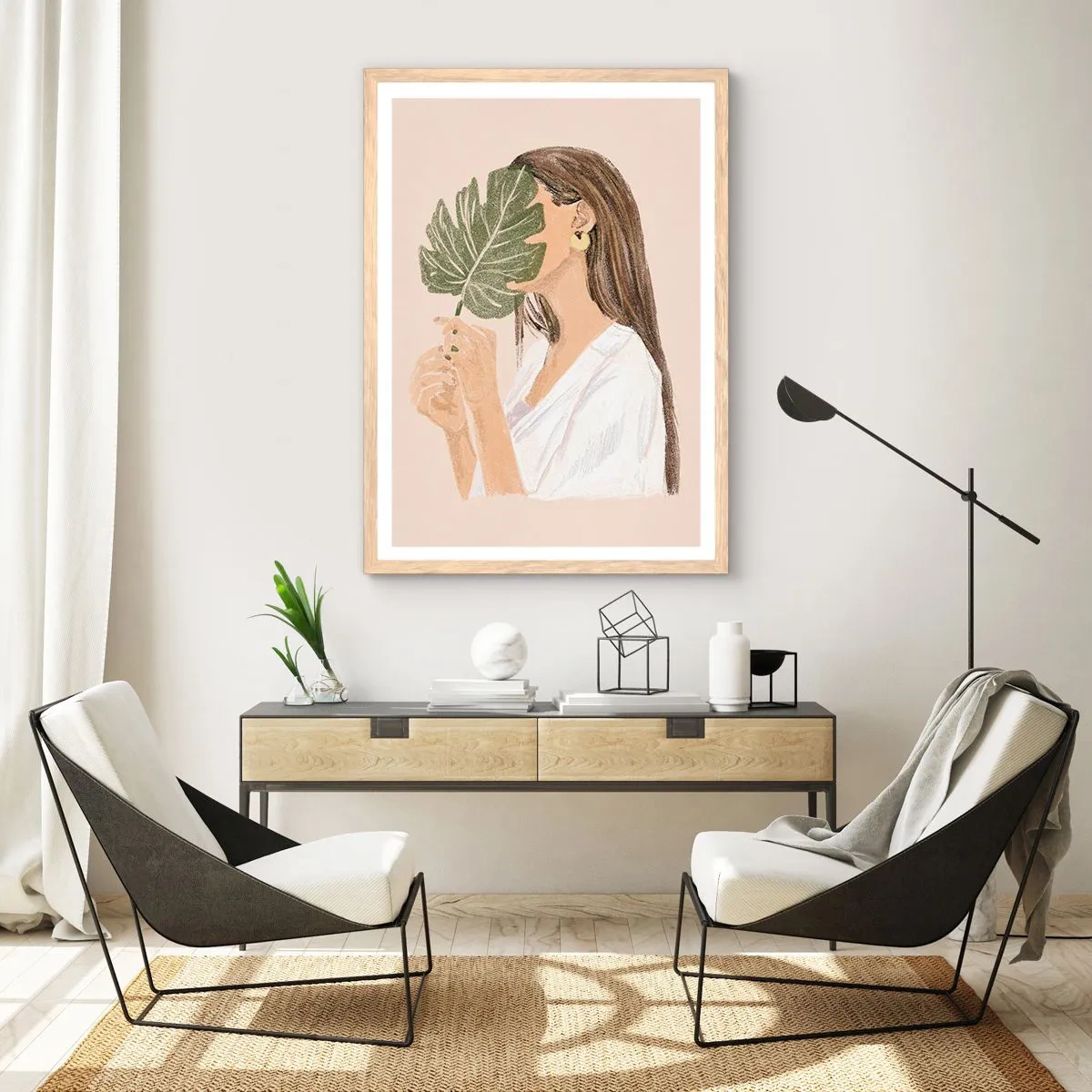 Poszter világos tölgy keretben - Titokzatos portré legyezővel - 30x40 cm