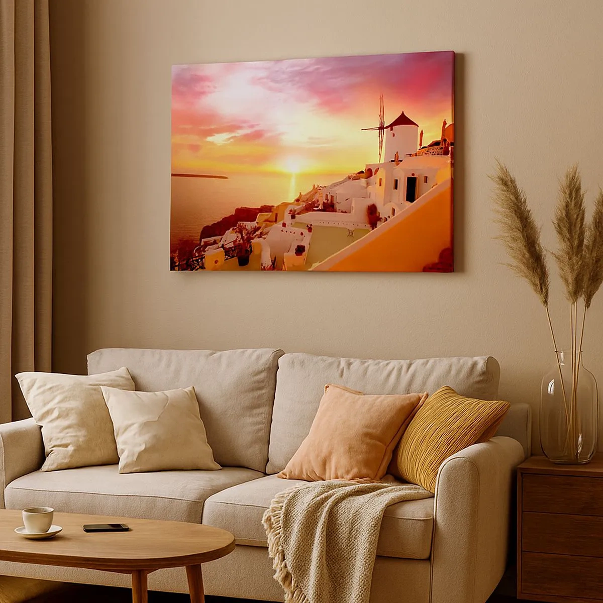 Vászonkép - Santorini naplementekor egy szélmalommal - 70x50cm - Szétfolyni a fehérben és aranyban - Modern fali dekoráció nappalihoz és hálószobához ARTTOR