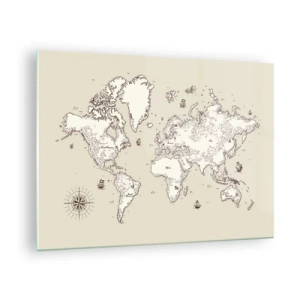 Üveg kép - Stilizált világtérkép klasszikus változatban - 70x50cm - Világkörüli utazás - Modern fali dekoráció nappalihoz és hálószobához ARTTOR