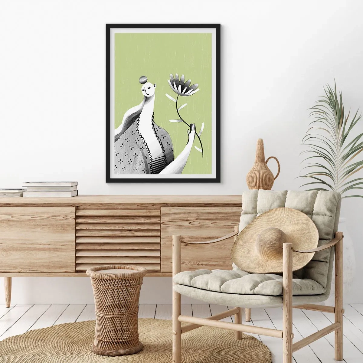 Poszter fehér keretben - Minimalista nő virágot tart a kezében zöld háttér előtt - 50x70cm - Modernista portré - virágot tartva - Modern fali dekoráció nappalihoz és hálószobához ARTTOR