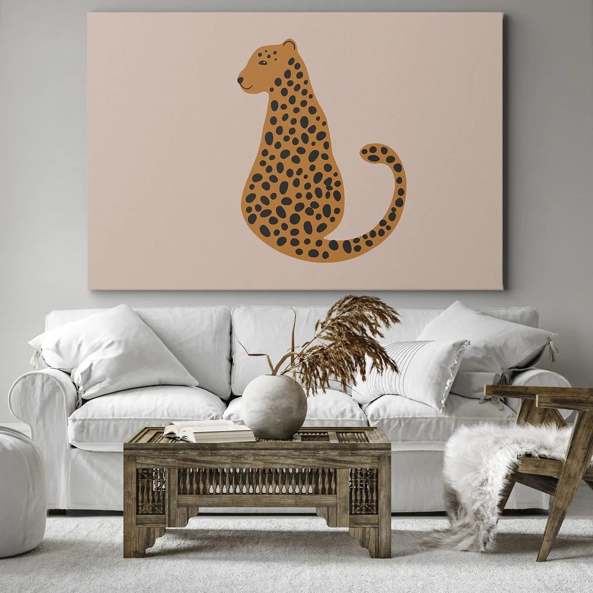 Vászonkép - Egy minimalista rajz egy párducról bézs háttér előtt - 70x50cm - A párducminta  divatos - Modern fali dekoráció nappalihoz és hálószobához ARTTOR