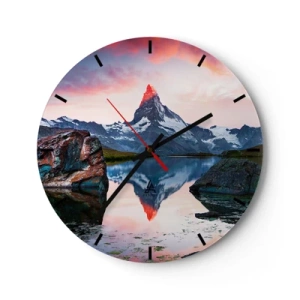 Falióra, Óra - A Matterhorn tükröződik egy nyugodt tóban naplementekor - 30x30cm - A hegyek szíve forró - Modern fali dekoráció nappalihoz, konyhához és hálószobához ARTTOR