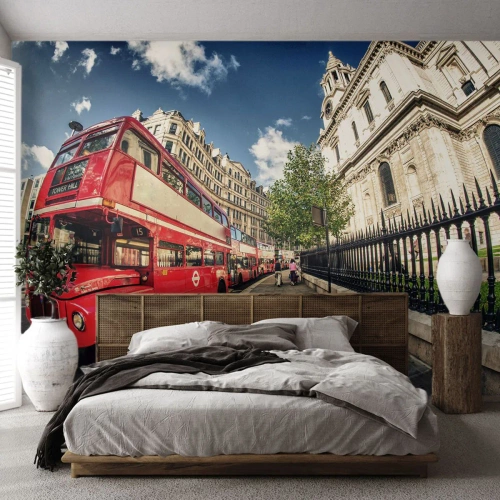 Egyedi tapéta Premium Sand - Londoni utca szürke és piros színben - Város, London, Piros busz