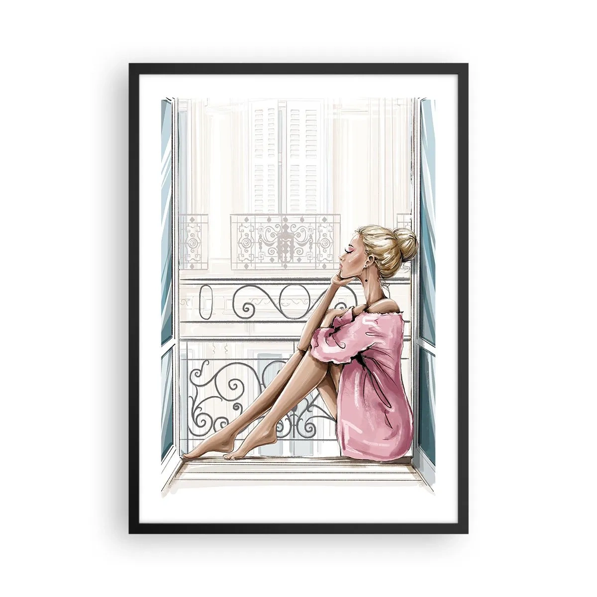Poszter fehér keretben - Egy nő rózsaszín fürdőköpenyben ül az erkélyen - 50x70cm - Párizsi reggel - Modern fali dekoráció nappalihoz és hálószobához ARTTOR