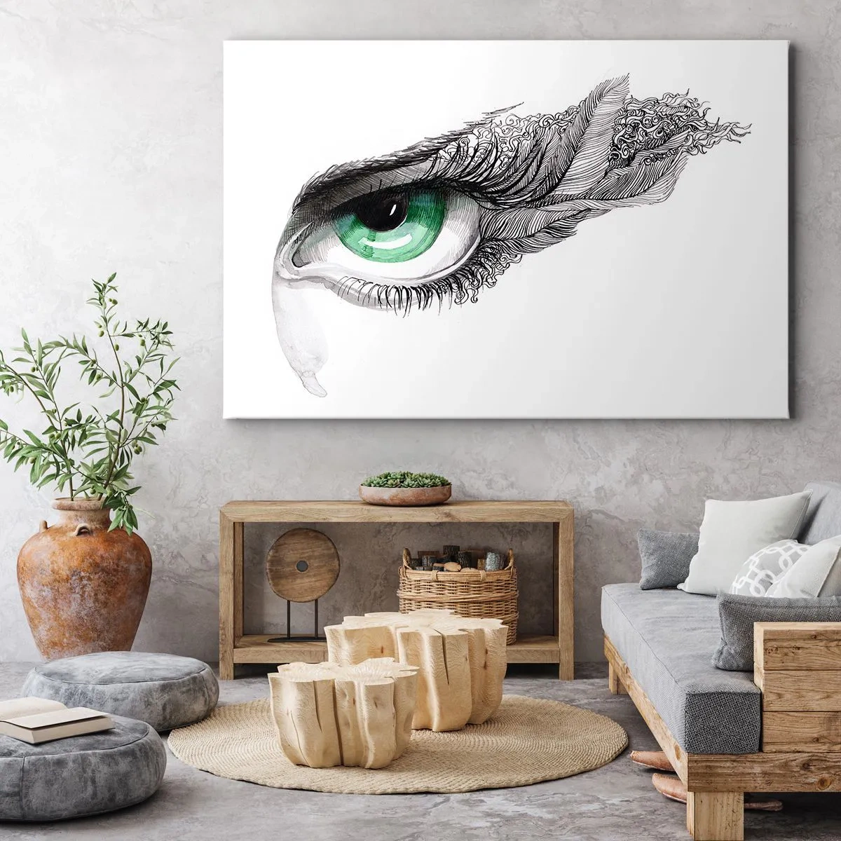 Vászonkép - Művészi szem zöld íriszrel és rajzi részletekkel - 70x50cm - Gyönyörű és támadásra kész - Modern fali dekoráció nappalihoz és hálószobához ARTTOR