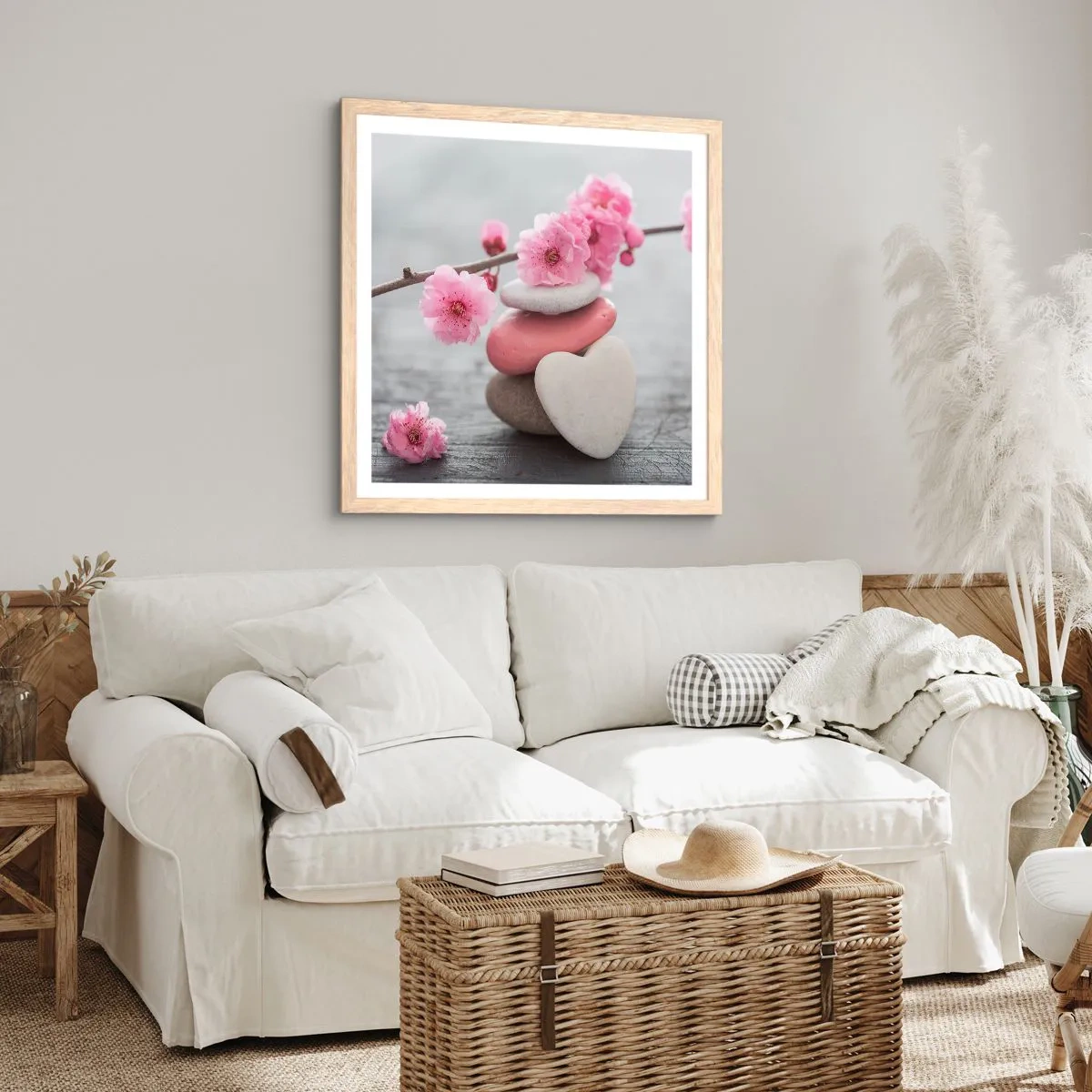 Poszter világos tölgy keretben - Boldogság a cseresznyevirággal - 50x50 cm