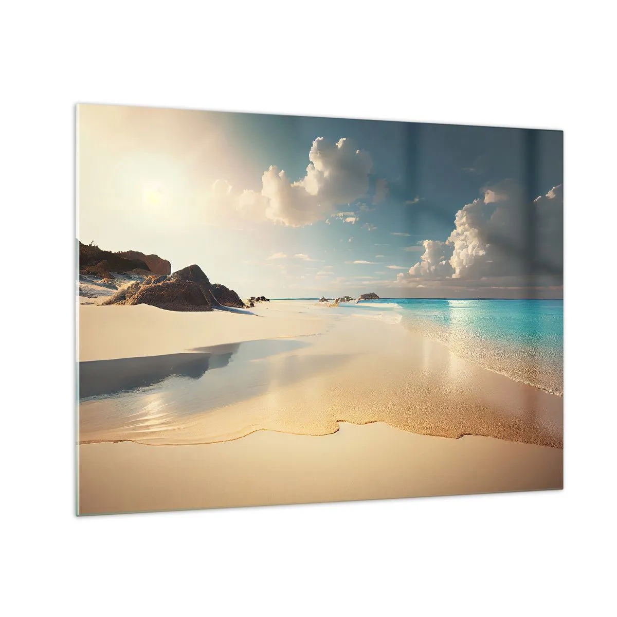 Üveg kép - Aranypart és türkizkék tenger a reggeli nap fényében - 70x50cm - Egy álomszerű nap - Modern fali dekoráció nappalihoz és hálószobához ARTTOR