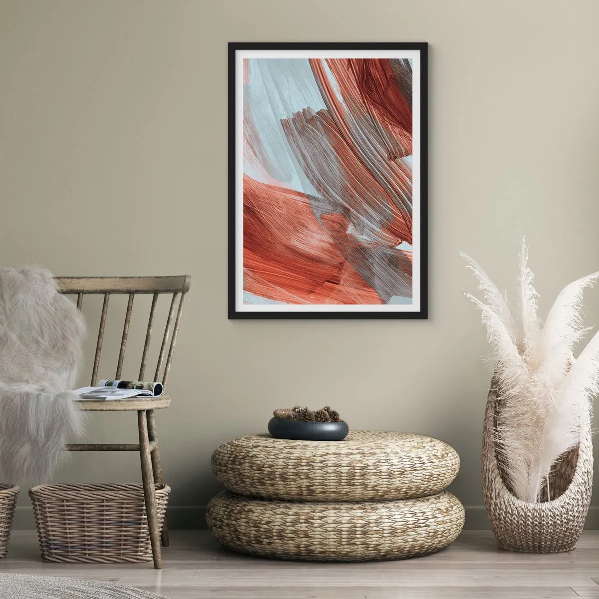 Poszter fehér keretben - Dinamikus ecsetvonások meleg tónusokban - 50x70cm - Őszi és szeles absztrakció - Modern fali dekoráció nappalihoz és hálószobához ARTTOR