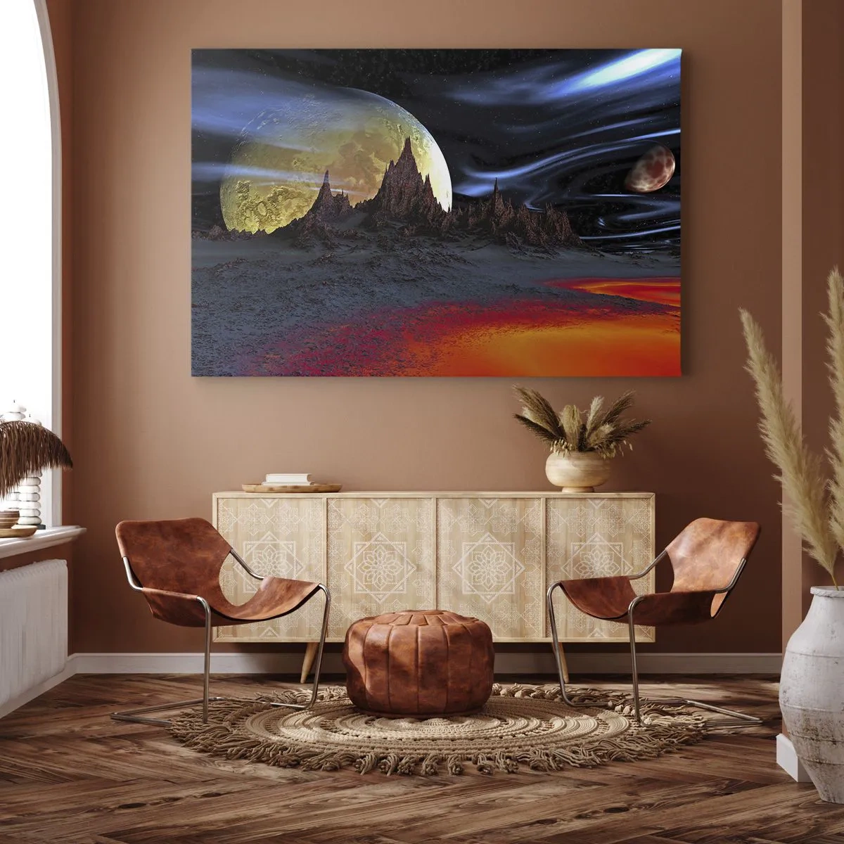 Vászonkép - Fantasztikus táj bolygókkal és vulkáni tájakkal - 70x50cm - Ismeretlen világ - Modern fali dekoráció nappalihoz és hálószobához ARTTOR
