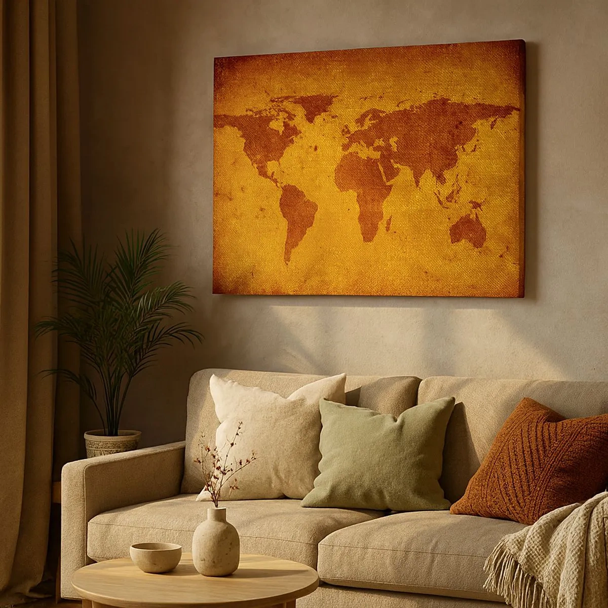 Vászonkép - Vintage világtérkép barna és arany alapon. - 70x50cm - Meghívás utazásra - Modern fali dekoráció nappalihoz és hálószobához ARTTOR