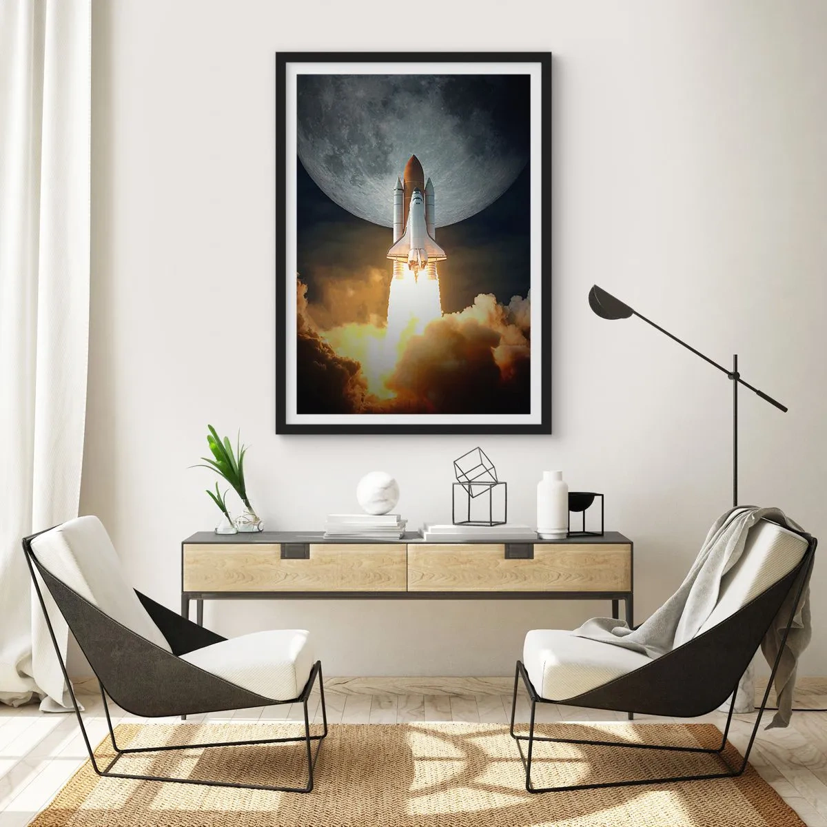 Poszter fehér keretben - Űrrepülőgép indítása a Holddal a háttérben - 50x70cm - Egy földöntúli kaland kezdete - Modern fali dekoráció nappalihoz és hálószobához ARTTOR