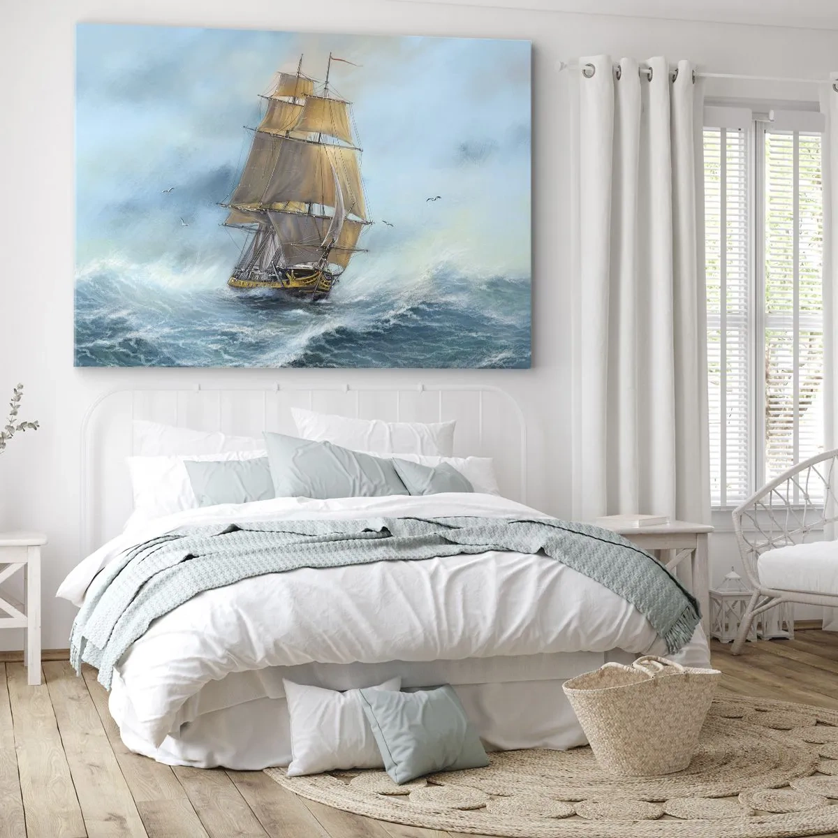 Vászonkép - Vitorlás hajó viharos tengeren - 70x50cm - A hullámok hullámzása - Modern fali dekoráció nappalihoz és hálószobához ARTTOR