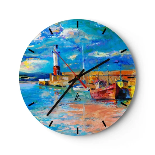 Falióra, Óra - Világítótorony és hajók színes, festői környezetben - 30x30cm - Egy délután a szivárványos öbölben - Modern fali dekoráció nappalihoz, konyhához és hálószobához ARTTOR