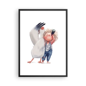 Poszter fehér keretben - Gyermek távcsővel és egy őt kísérő madár illusztrációja - 50x70cm - Nagy utazási terve - Modern fali dekoráció nappalihoz és hálószobához ARTTOR