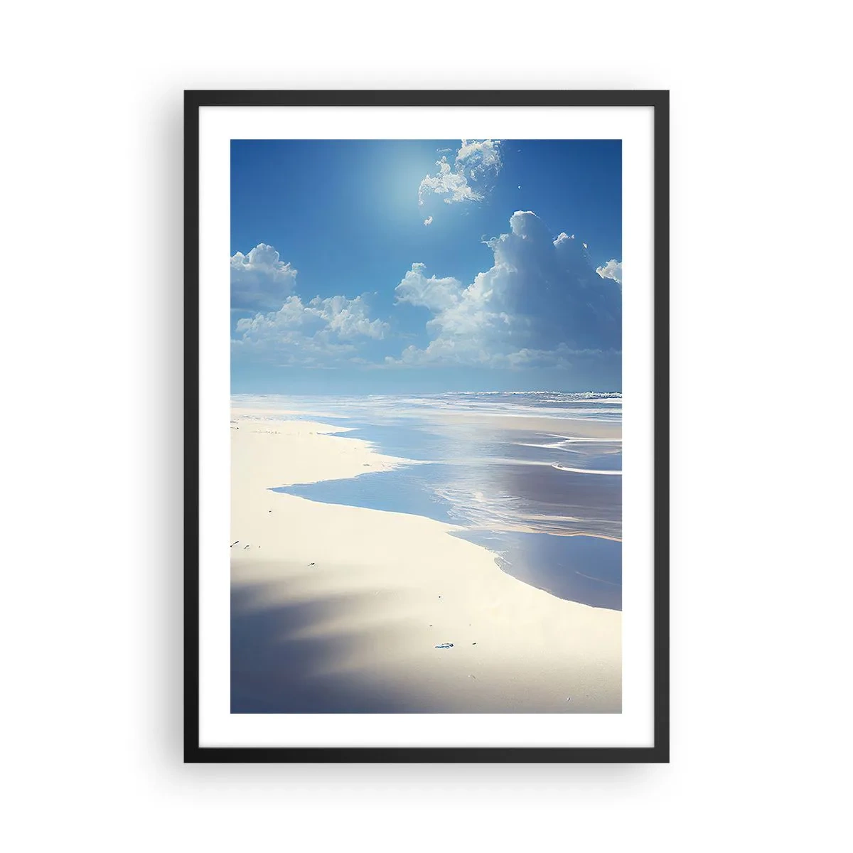 Poszter fehér keretben - Egy napsütötte tengerpart, ahol az ég tükröződik a vízben - 50x70cm - Nyaralás a paradicsomban - Modern fali dekoráció nappalihoz és hálószobához ARTTOR