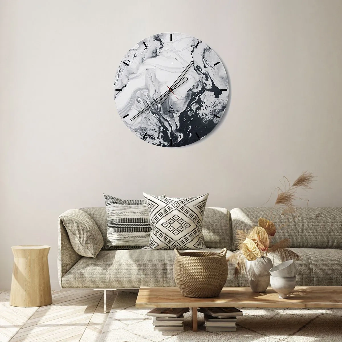 Falióra, Óra - Egy absztrakt, fekete-fehér árnyalatú minta, amely márványra emlékeztet. - 30x30cm - A Föld belseje - Modern fali dekoráció nappalihoz, konyhához és hálószobához ARTTOR