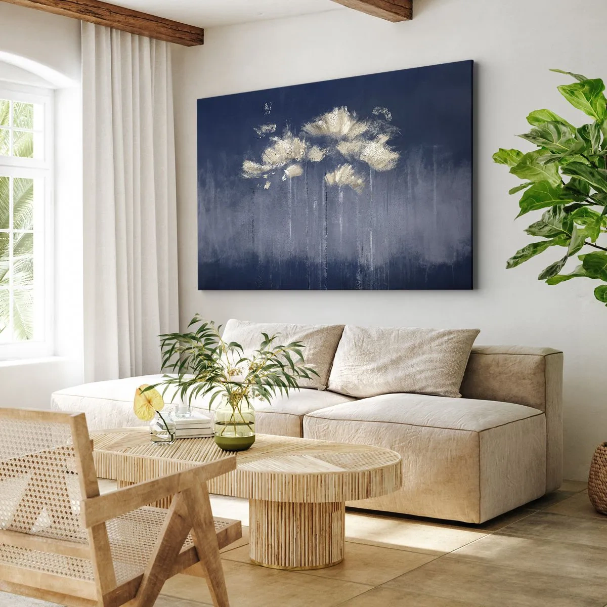 Vászonkép - Finom virágok kék alapon - 70x50cm - Mint szirmok a szélben - Modern fali dekoráció nappalihoz és hálószobához ARTTOR