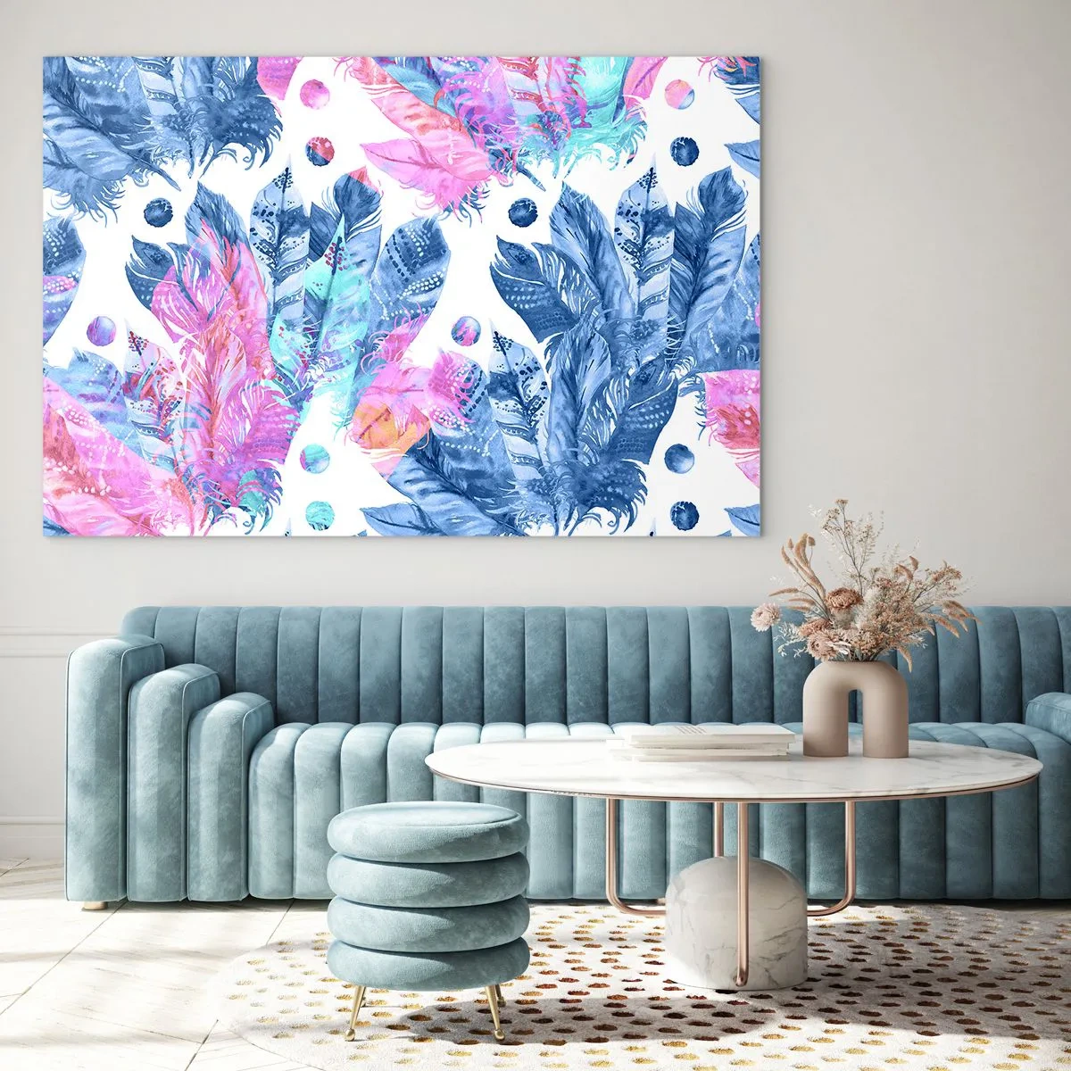Üveg kép - Színes tollak rózsaszín és kék árnyalatokban fehér alapon - 70x50cm - Rózsaszín és kék tollak - Modern fali dekoráció nappalihoz és hálószobához ARTTOR
