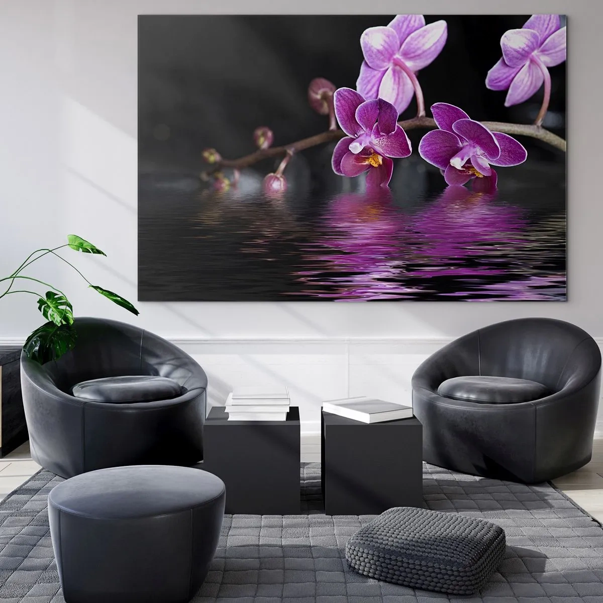 Üveg kép - Lila orchideák tükröződnek a vízben - 70x50cm - Lila a szépség tükörképe - Modern fali dekoráció nappalihoz és hálószobához ARTTOR