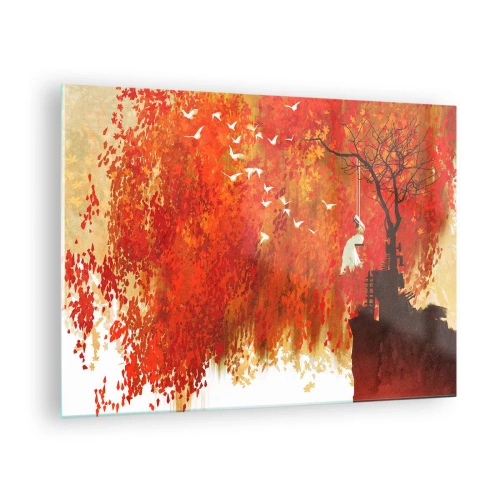Üveg kép - Vörös levelek, egy magányos fa és madarak egy őszi jelenetben - 70x50cm - Repül velünk? - Modern fali dekoráció nappalihoz és hálószobához ARTTOR