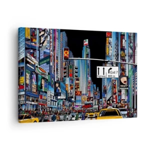 Vászonkép - Egy nyüzsgő város színes reklámokkal és sárga taxikkal - 70x50cm - Képregény nagy éjszaka - Modern fali dekoráció nappalihoz és hálószobához ARTTOR
