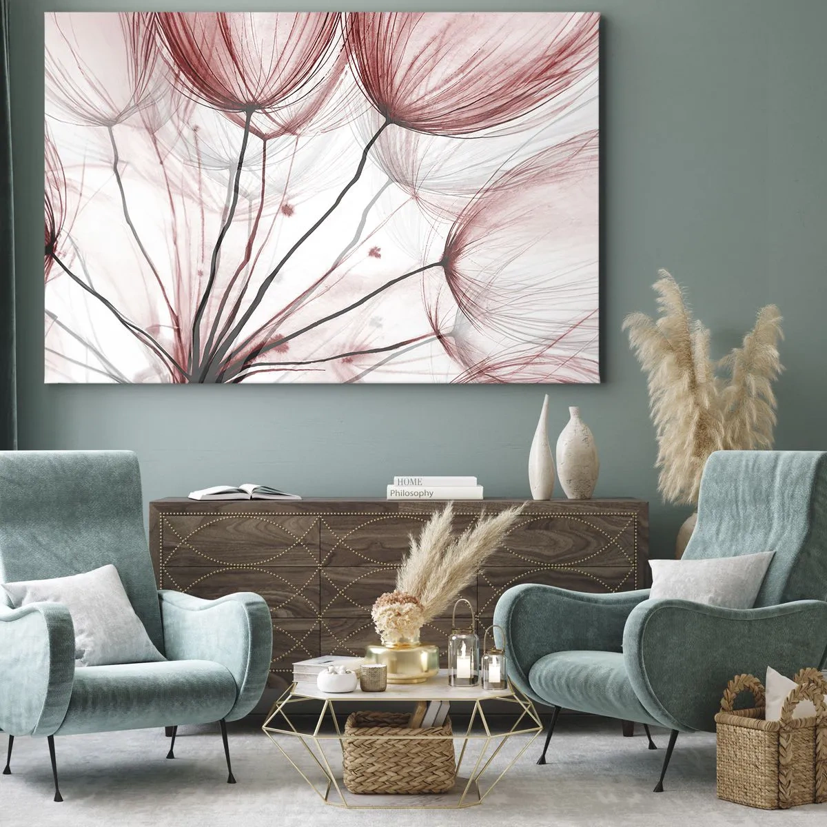 Vászonkép - Finom virágok vörös árnyalatokban világos háttér előtt - 70x50cm - Felszállás előtt - Modern fali dekoráció nappalihoz és hálószobához ARTTOR