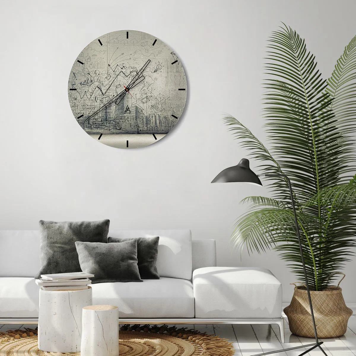 Falióra, Óra - Koncepcionális vázlat üzleti témákkal világos háttérrel - 30x30cm - A remek városi életem - Modern fali dekoráció nappalihoz, konyhához és hálószobához ARTTOR
