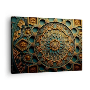 Vászonkép - Gazdag részletekkel díszített, türkiz alapon arany mandala. - 70x50cm - Egy arab éghajlaton - Modern fali dekoráció nappalihoz és hálószobához ARTTOR