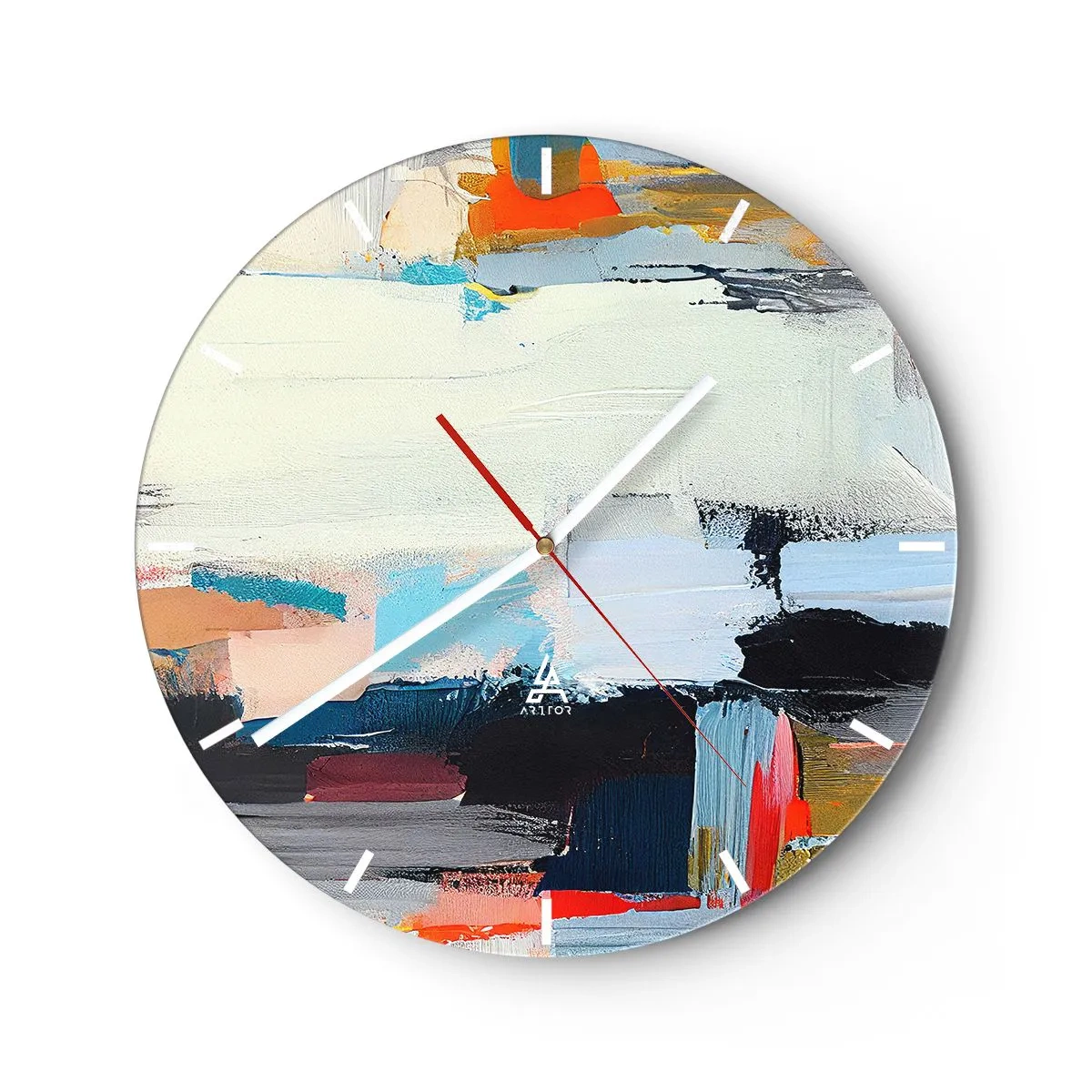 Falióra, Óra - Színes foltok és geometrikus csíkok absztrakt kompozíciója. - 30x30cm - Van rá módszer? - Modern fali dekoráció nappalihoz, konyhához és hálószobához ARTTOR
