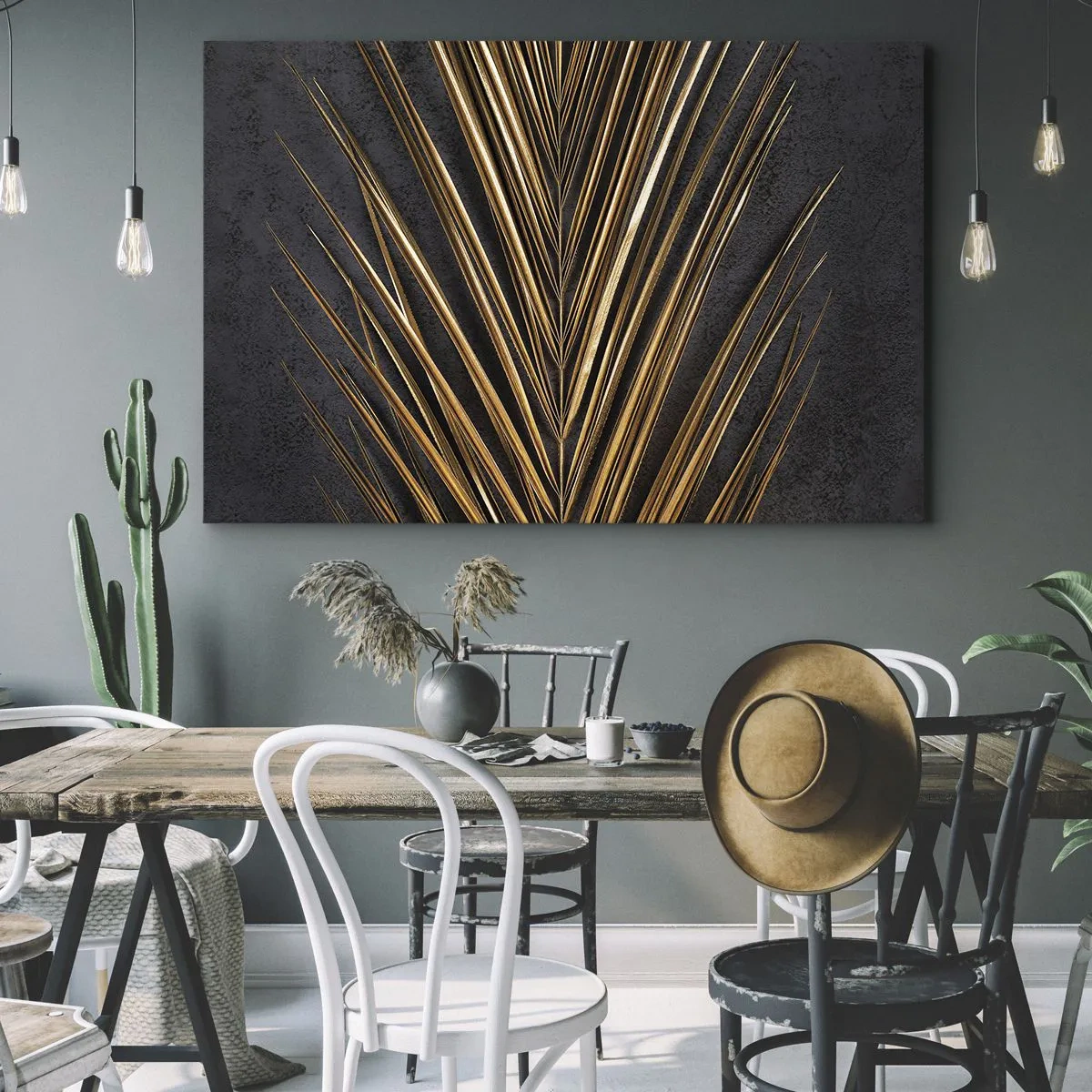 Vászonkép - Arany trópusi levél fekete háttéren - 70x50cm - A trópusok aranya - Modern fali dekoráció nappalihoz és hálószobához ARTTOR