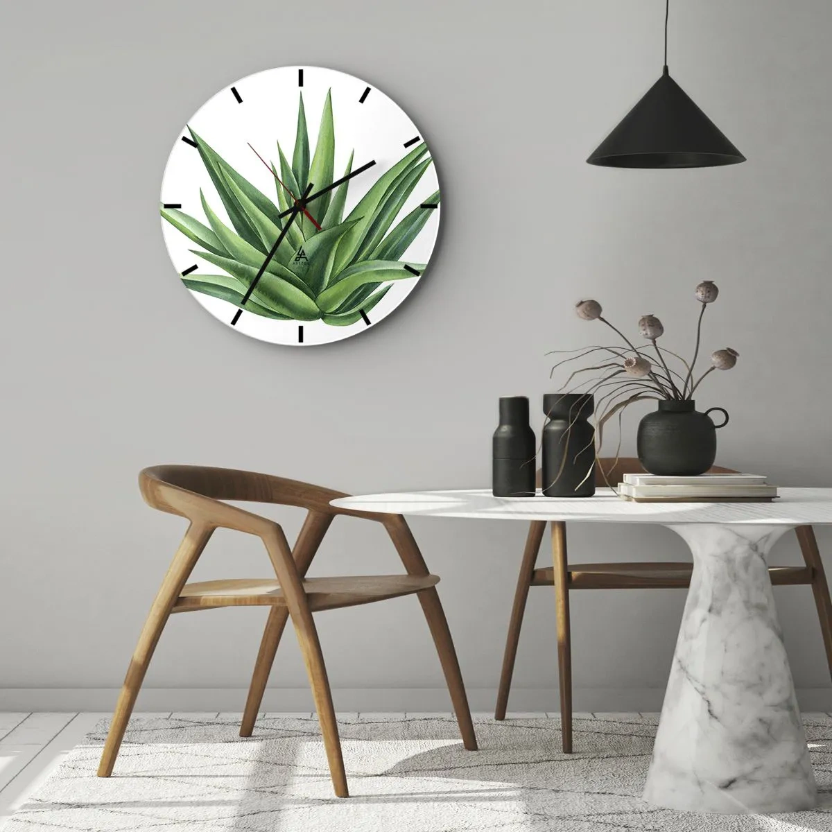 Falióra, Óra - Zöld agave fehér alapon botanikai stílusban - 30x30cm - Zöld - erő - élet - Modern fali dekoráció nappalihoz, konyhához és hálószobához ARTTOR
