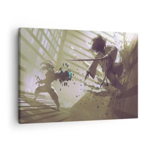 Vászonkép - Dinamikus harc két karakter között futurisztikus stílusban - 70x50cm - Te is lehetsz szamuráj - Modern fali dekoráció nappalihoz és hálószobához ARTTOR