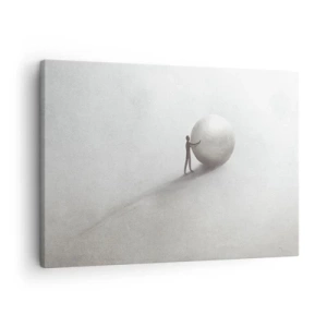 Vászonkép - Egy minimalista figura egy labdával világos, monokróm háttér előtt. - 70x50cm - Az élet játéka - Modern fali dekoráció nappalihoz és hálószobához ARTTOR