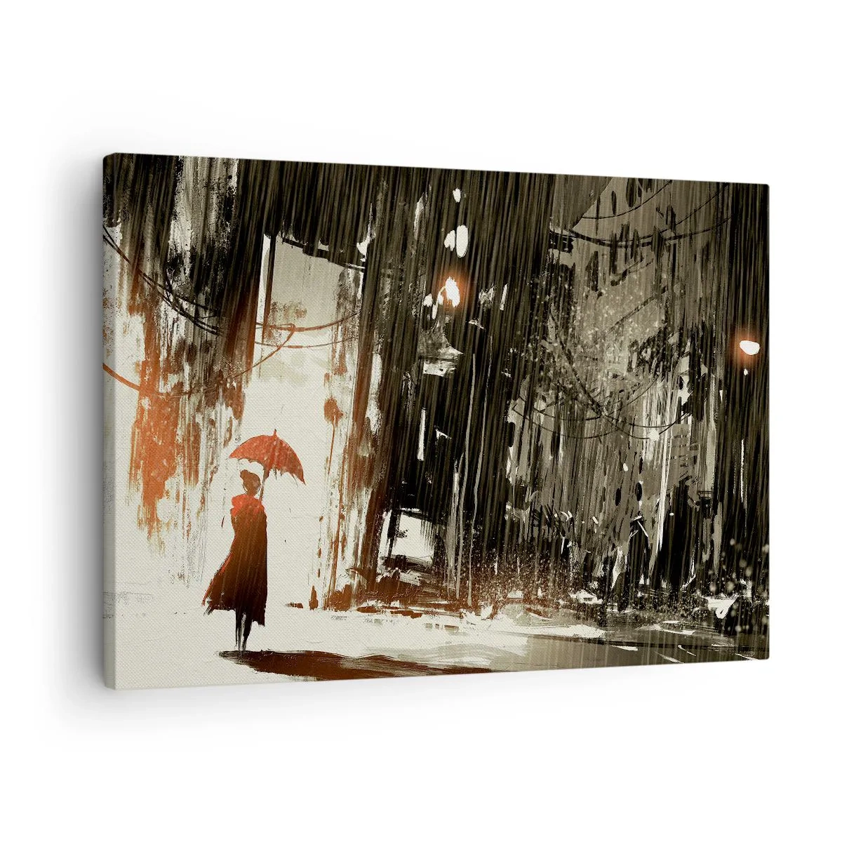Vászonkép - Egy vörös alak esernyővel egy esős jelenetben - 70x50cm - A vörös esernyő költészete - Modern fali dekoráció nappalihoz és hálószobához ARTTOR