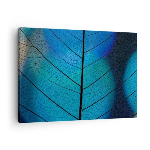 Vászonkép - Közeli kép egy kék levélről, látható erezetrészletekkel - 70x50cm - Bonyolult konstrukció - Modern fali dekoráció nappalihoz és hálószobához ARTTOR