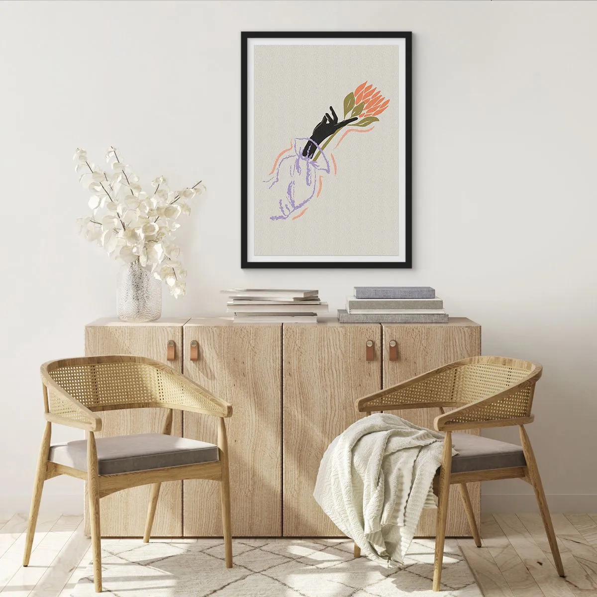 Poszter fehér keretben - Egy virágcsokrot tartó kéz absztrakt rajza - 50x70cm - Egy testvéri érintés - Modern fali dekoráció nappalihoz és hálószobához ARTTOR
