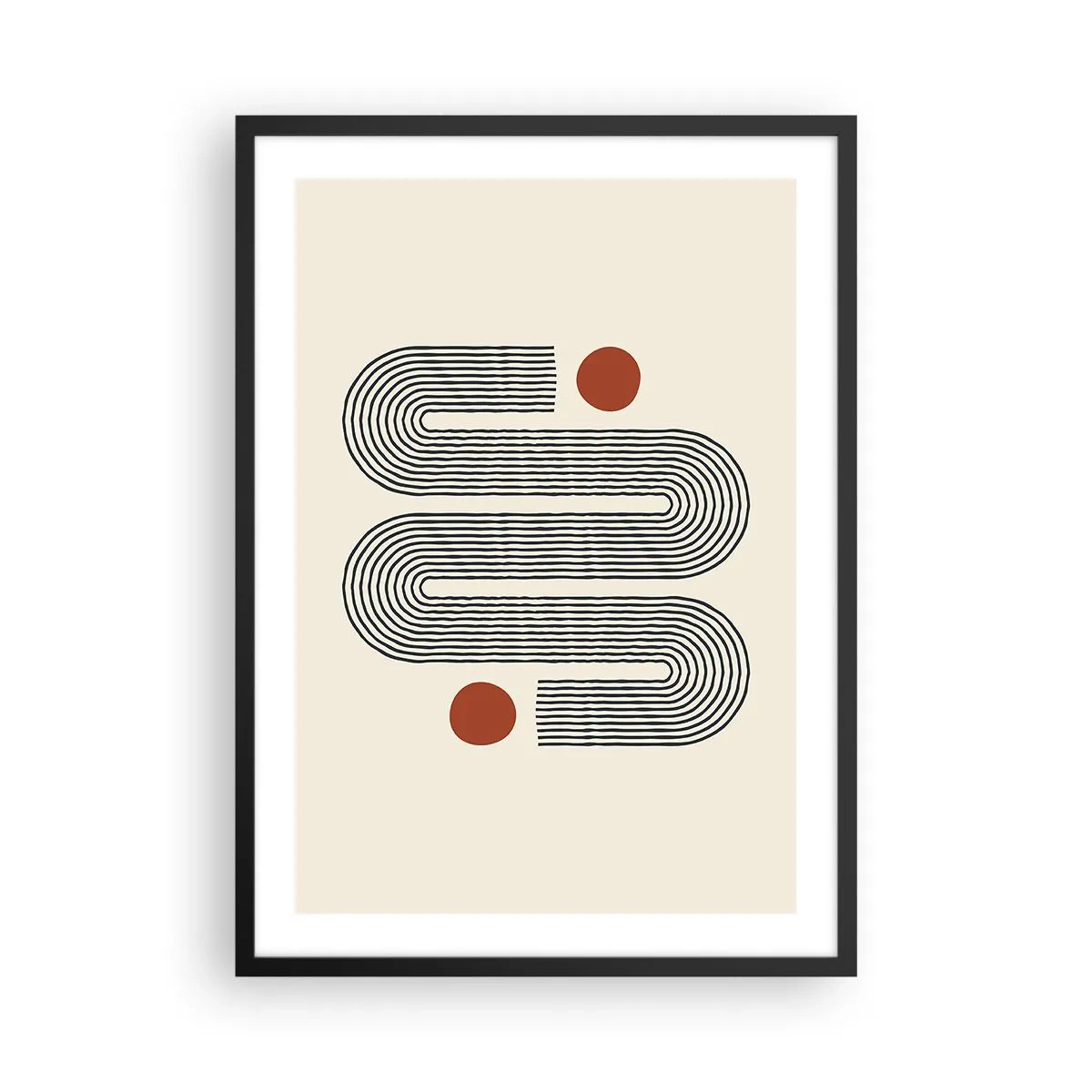 Poszter fehér keretben - Geometrikus minta vonalakkal és piros körökkel - 50x70cm - Elejétől végéig - Modern fali dekoráció nappalihoz és hálószobához ARTTOR