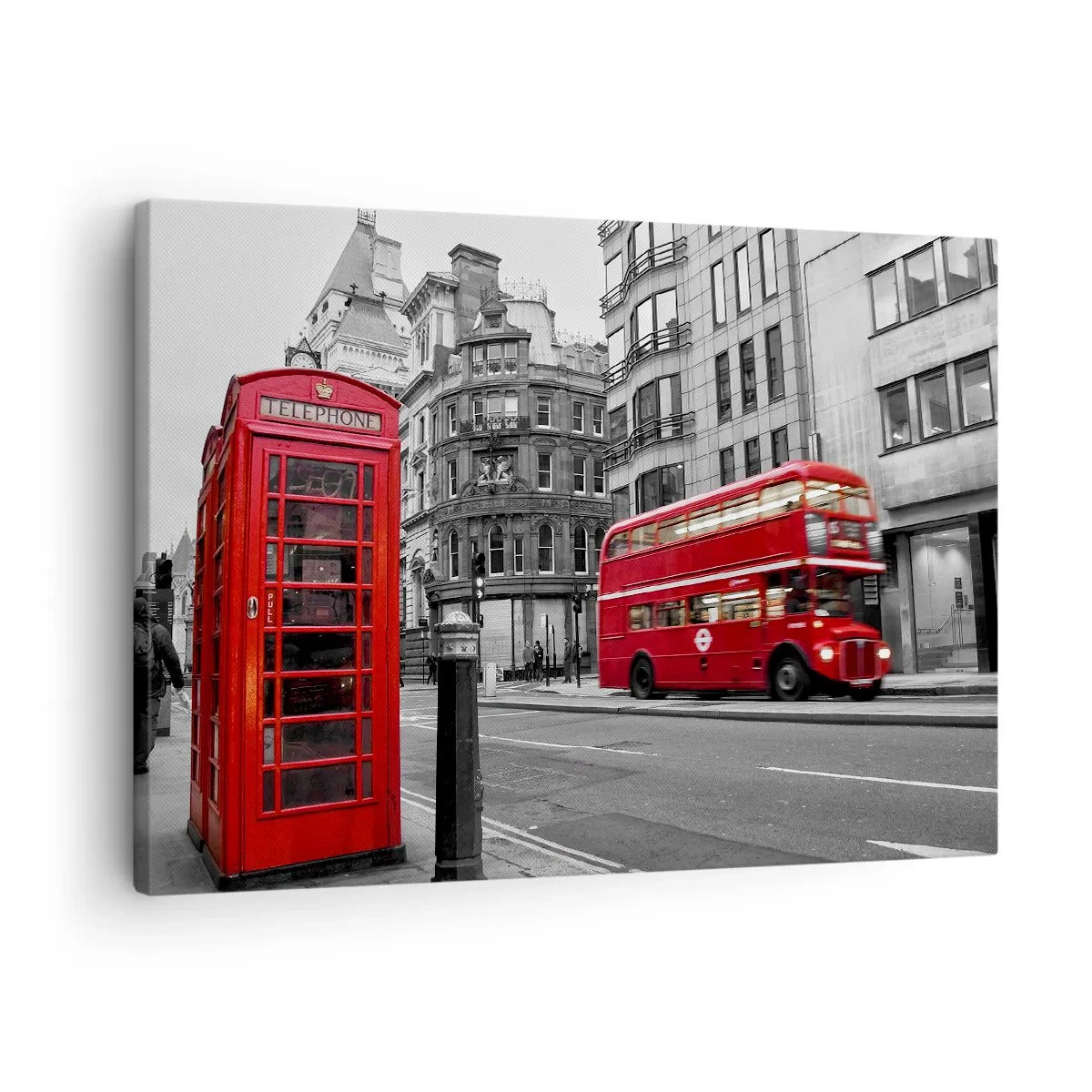 Vászonkép - Egy piros telefonfülke és egy emeletes busz Londonban, a háttérben a várossal - 70x50cm - Legpirosabb az Európában - Modern fali dekoráció nappalihoz és hálószobához ARTTOR