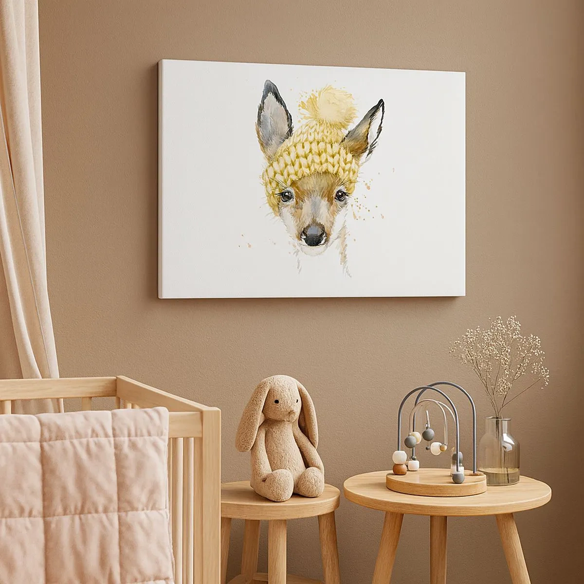 Vászonkép - Akvarell szarvas sárga sapkában - 70x50cm - Télre havas erdőben - Modern fali dekoráció nappalihoz és hálószobához ARTTOR