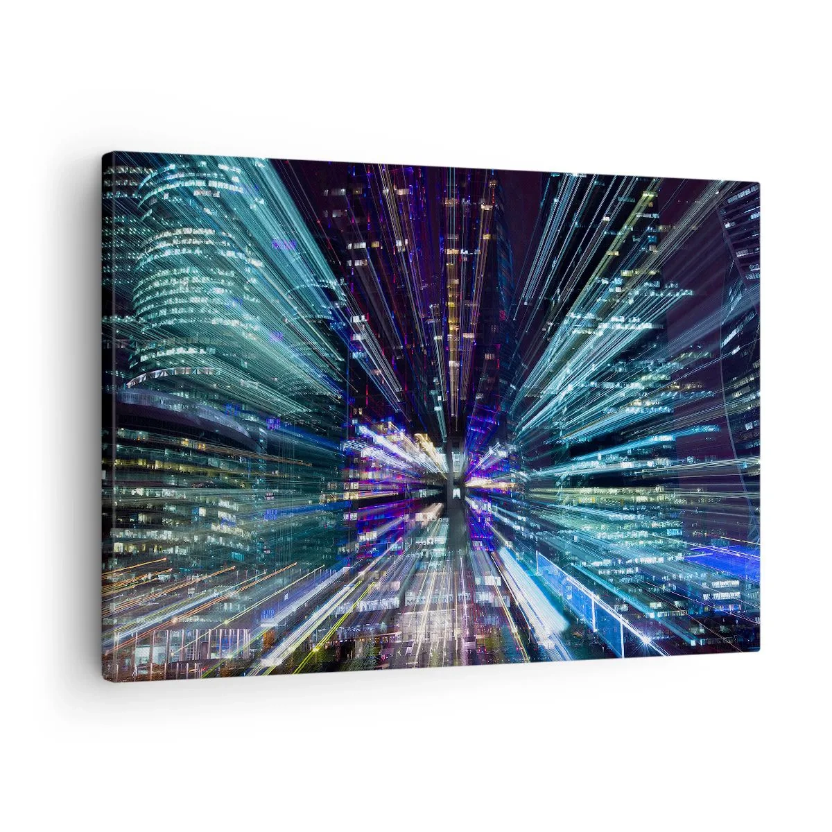 Vászonkép - Dinamikus városkép éjszaka, fényhatással - 70x50cm - Átmenet a hipertérbe - Modern fali dekoráció nappalihoz és hálószobához ARTTOR