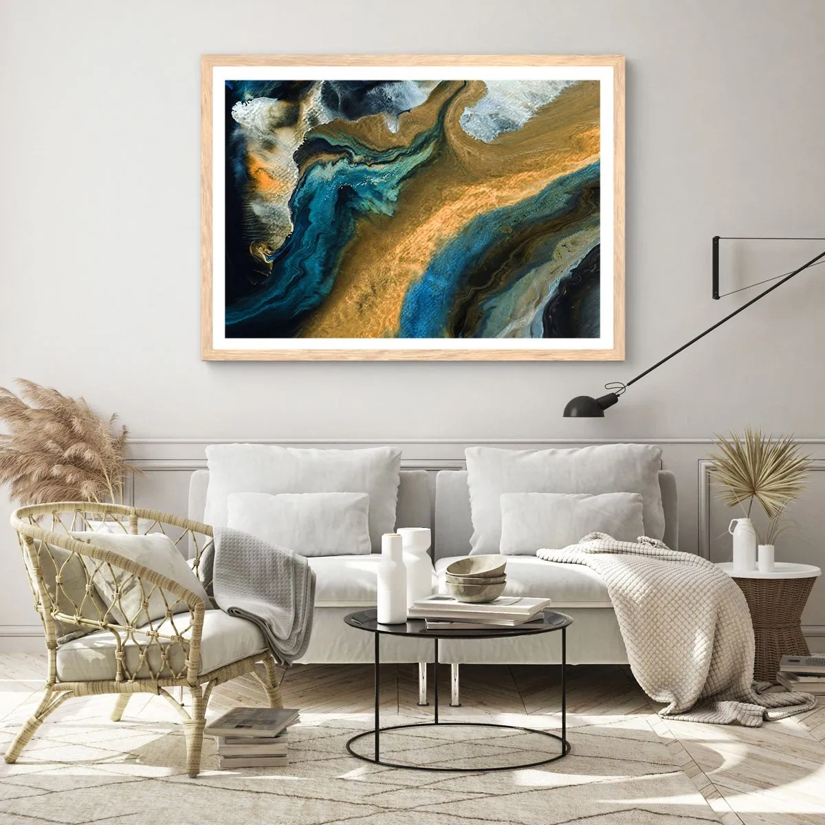 Poszter világos tölgy keretben - Kék - sárga - kölcsönös hatások - 100x70 cm