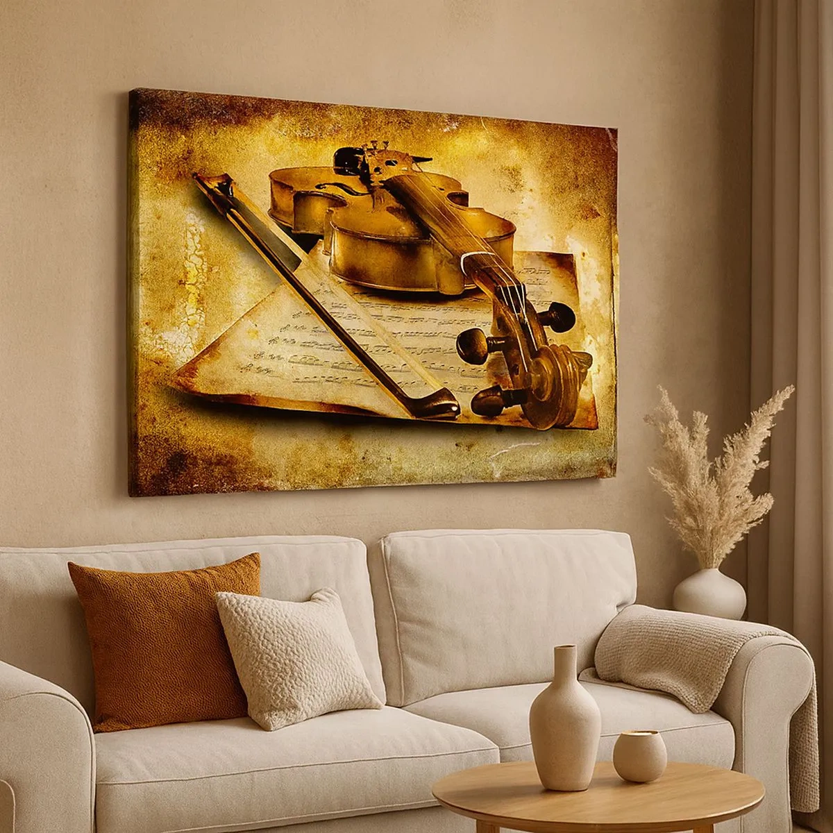 Vászonkép - Hegedű kottákkal meleg tónusú vintage háttér előtt - 70x50cm - Azonnal szükség van egy virtuózra - Modern fali dekoráció nappalihoz és hálószobához ARTTOR