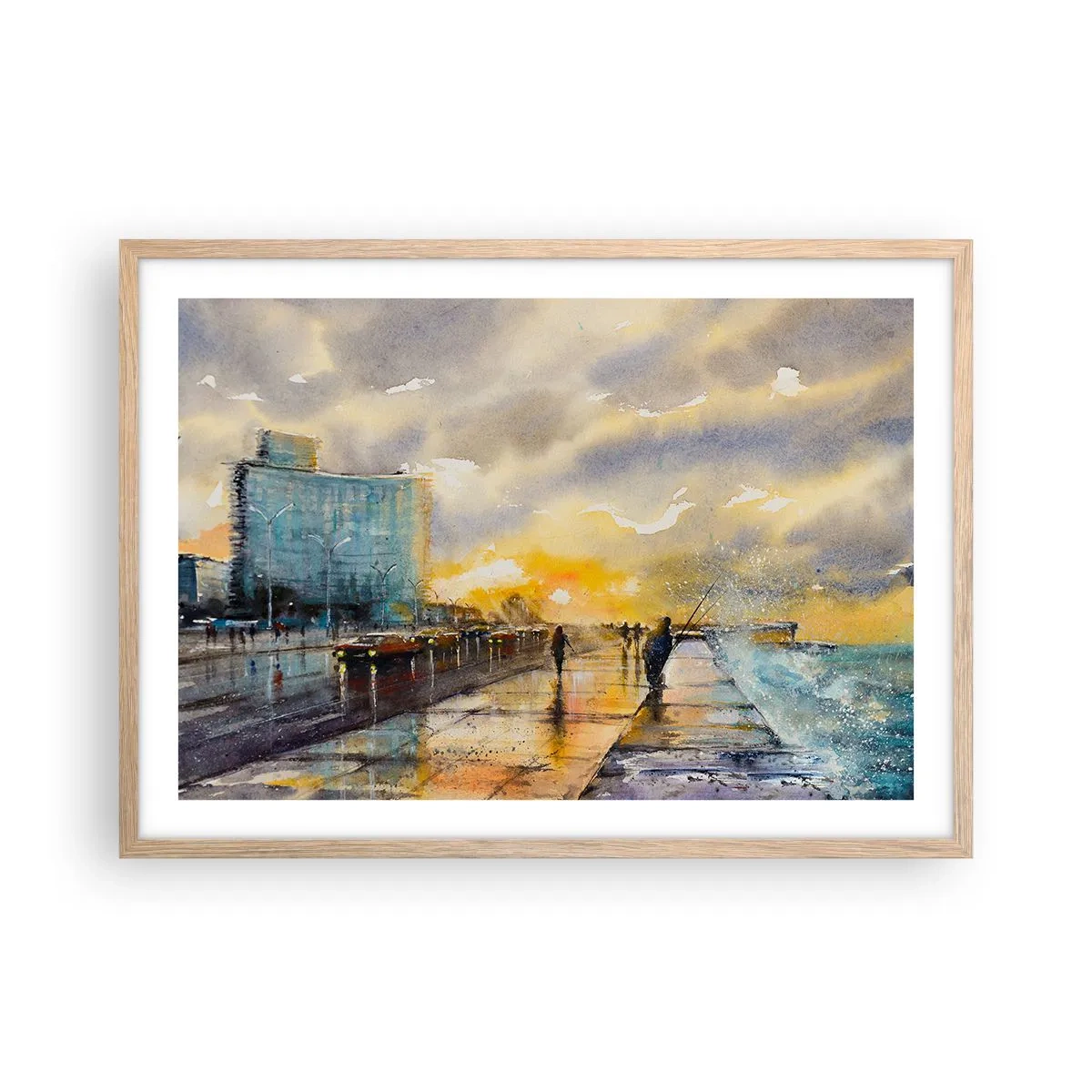 Poszter világos tölgy keretben - Élet a parton - 70x50 cm