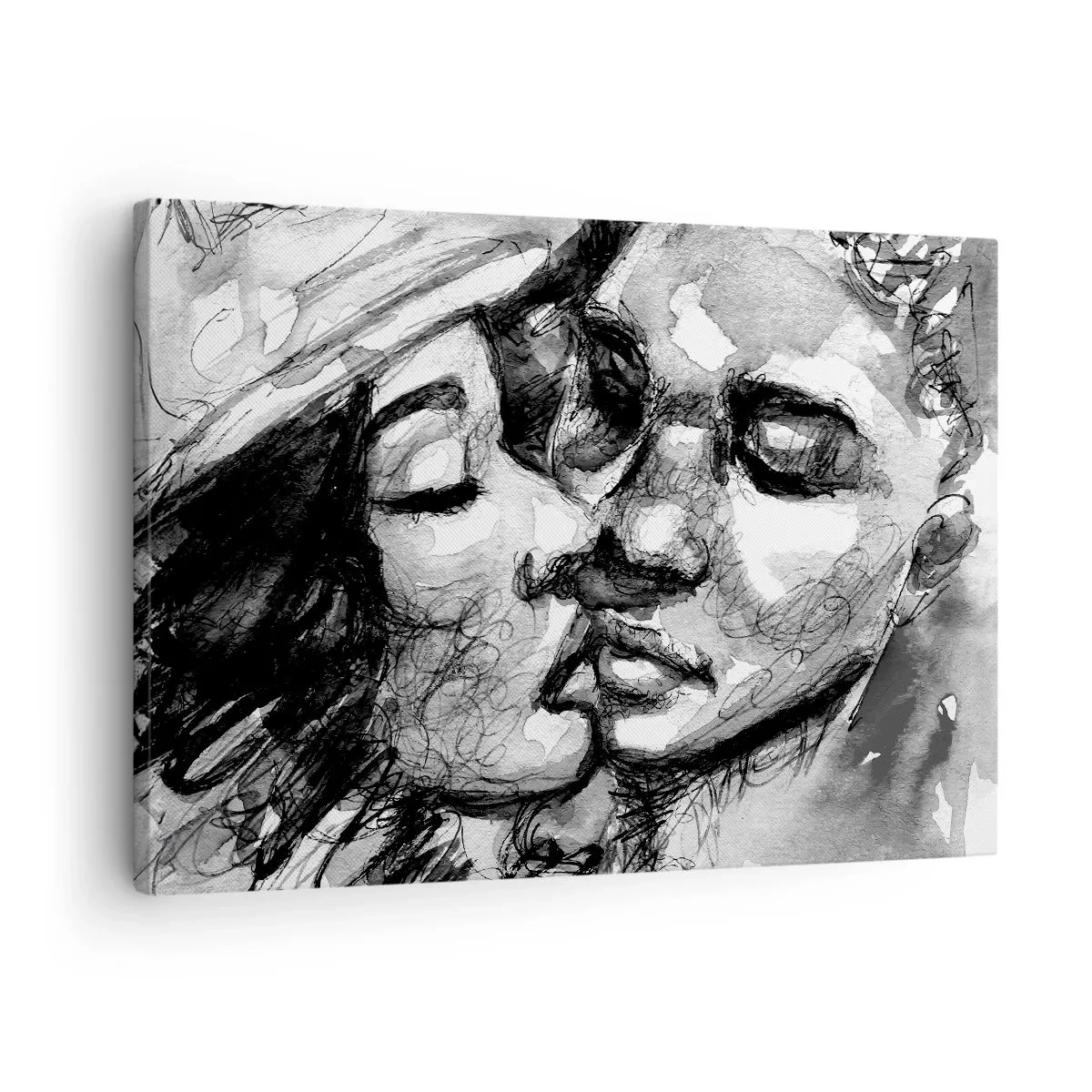 Vászonkép - Egy fekete-fehér akvarell, amely két ember közötti bensőséges pillanatot ábrázol. - 70x50cm - Egy érzelmes pillanat - Modern fali dekoráció nappalihoz és hálószobához ARTTOR