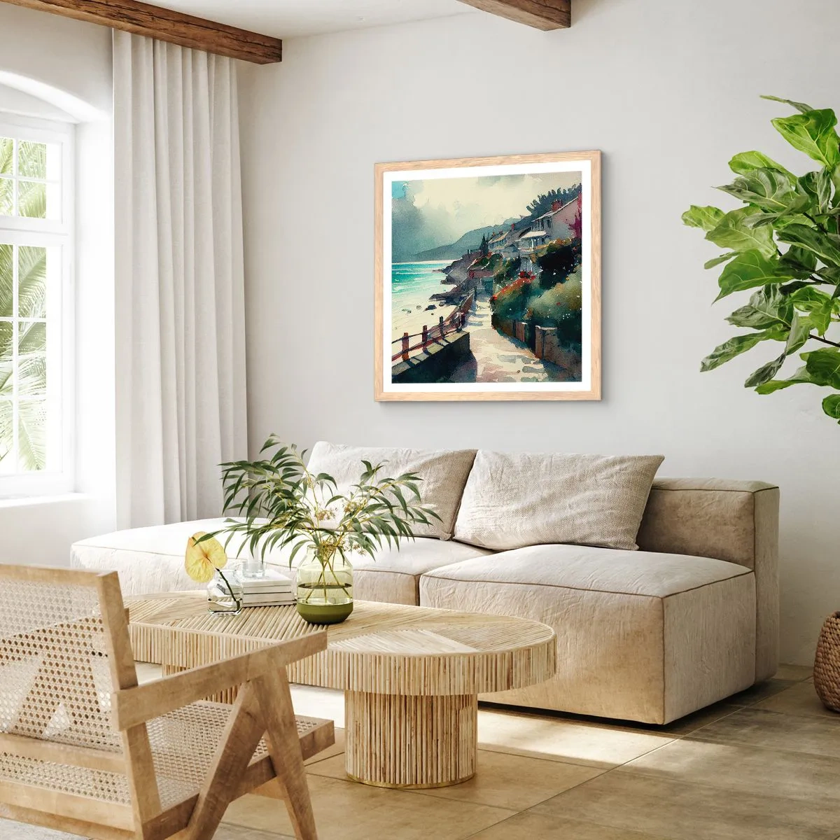 Poszter világos tölgy keretben - Mediterrán város - 30x30 cm