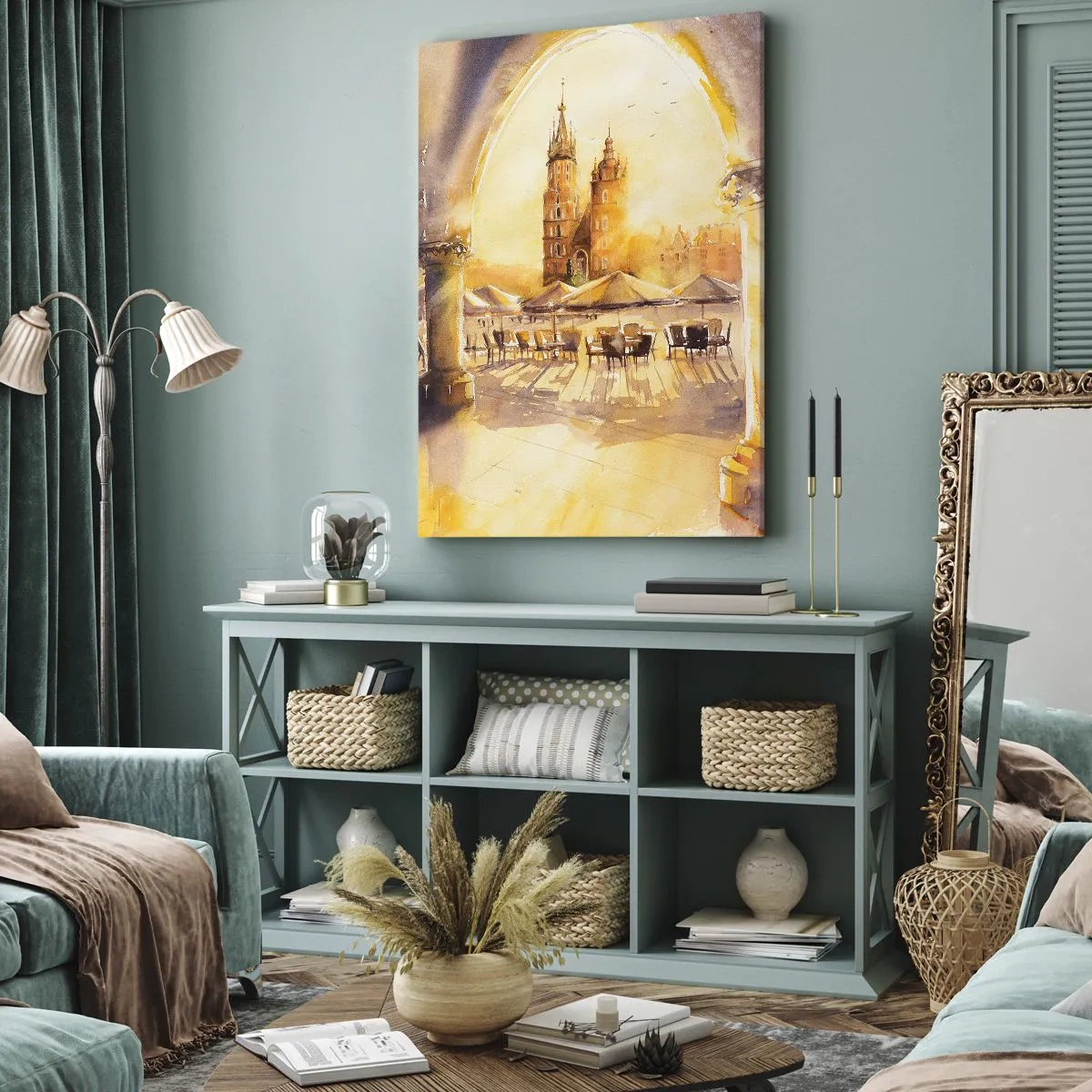 Vászonkép - Napkelte a krakkói piactér felett - 65x120 cm